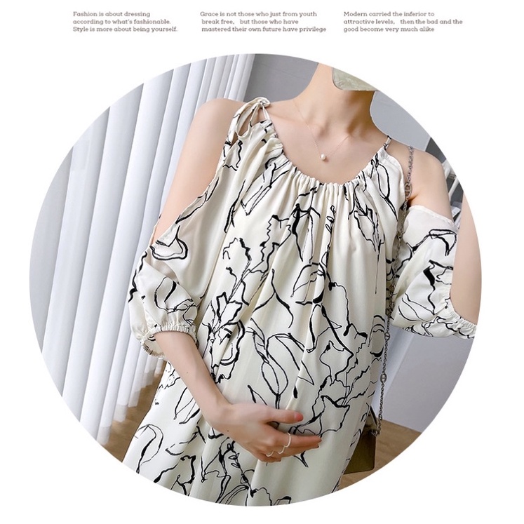 Váy đầm bầu dáng dài phom xuông rộng hở vai hàng quảng châu