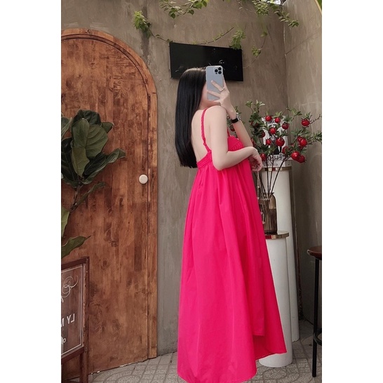 Váy 2 dây dáng suông đuôi tôm màu hồng sen