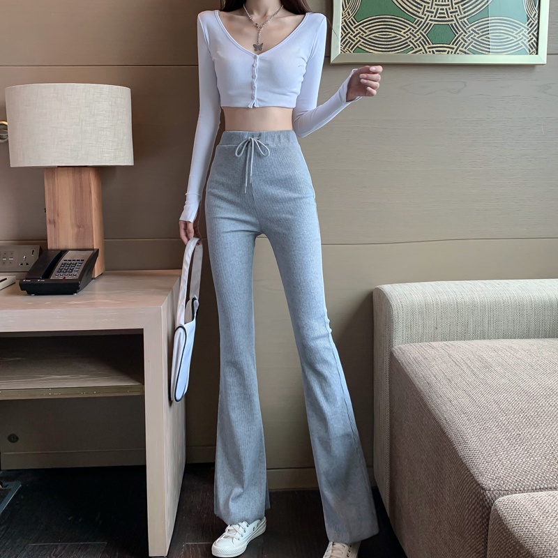 Quần ống loe, quần ống loe lưng cao thắt dây eo chất cotton co dãn SKUQ-10B