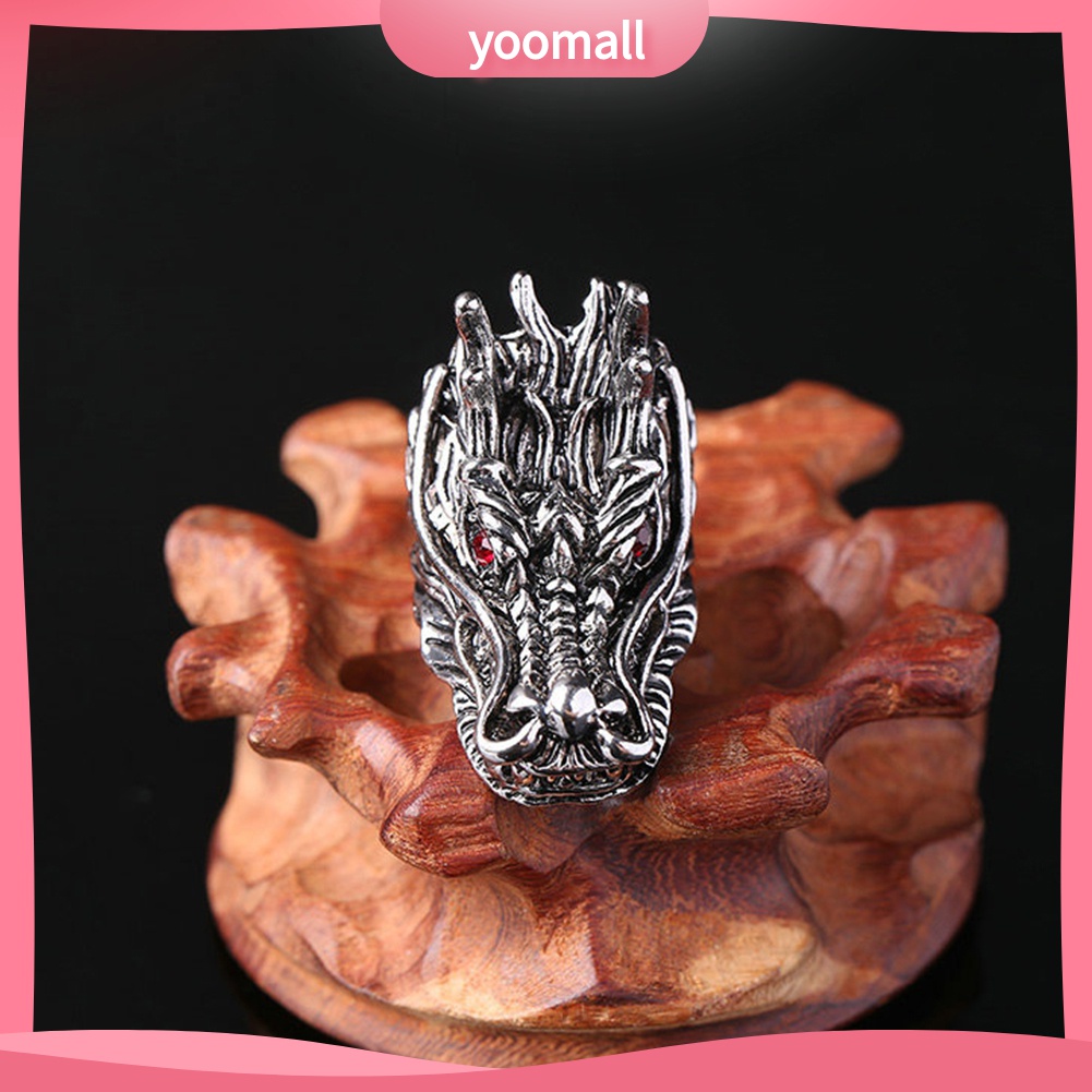 Yomall♡ Nhẫn Nam Chạm Khắc Hình Đầu Rồng Đính Đá Zircon Phong Cách Punk