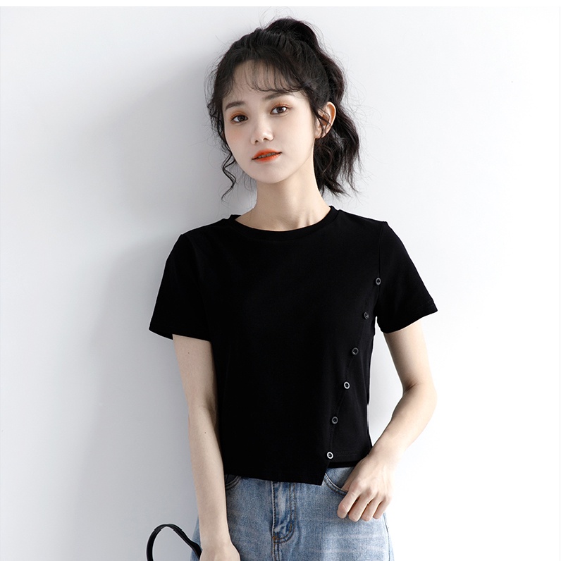 Áo croptop nữ OKIMAC thun nữ cổ tròn vạt lệch phối cúc 3 màu trắng, đen, xanh chất cotton co giãn thời trang nữ