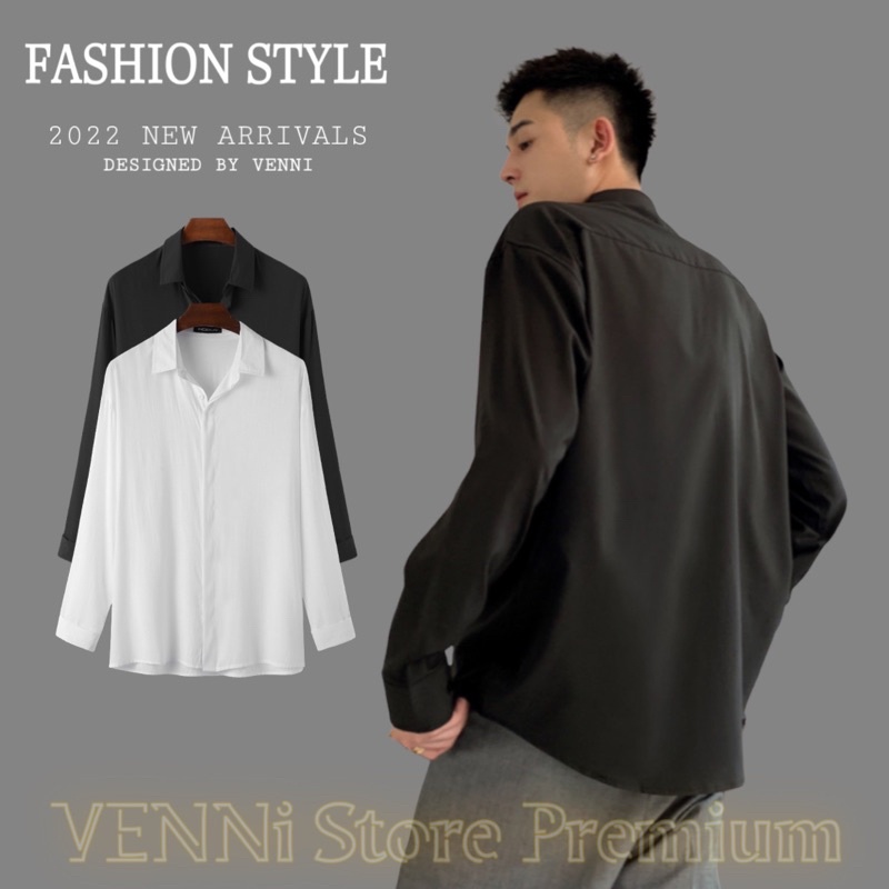 Áo sơ mi nam nữ VENNI dài tay vải lụa giấu khuy form rộng phong cách Hàn Quốc -VN51