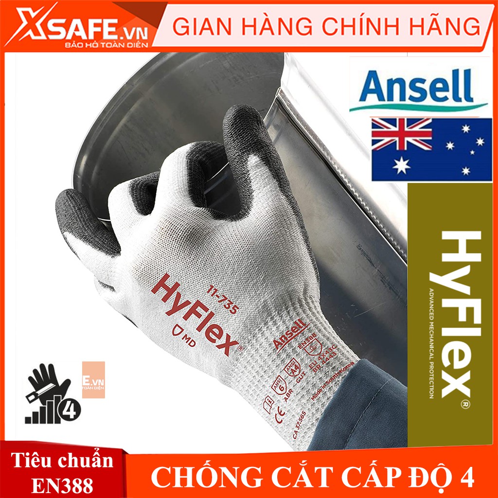 Găng tay chống cắt Ansell Hyflex 11-735 cấp độ 4 - độ khéo léo cao phủ Pu chống dầu nhớt, tăng độ bám bảo vệ tay - Xsafe