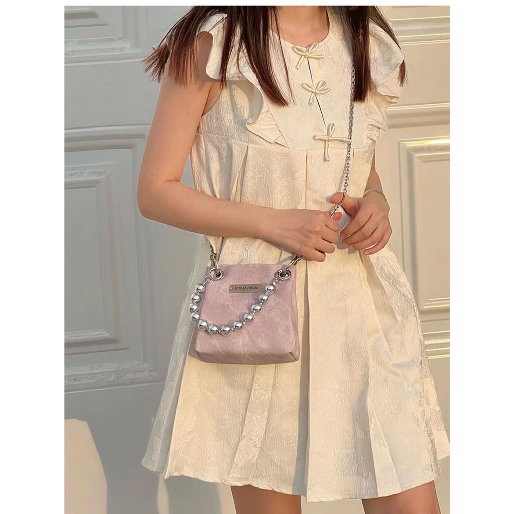 Túi Đeo Chéo Mini Tạo Hình Vuông Bằng Vải Denim Cao Cấp Phối Dây Đeo Sợi Xích Màu Hồng Xám Thời Trang Cho Nữ