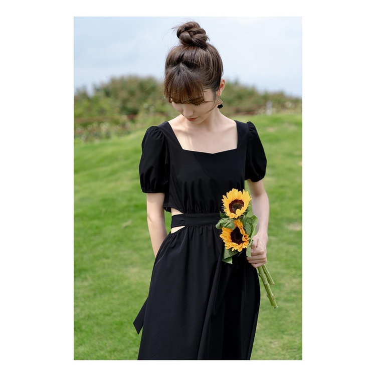 Đầm midi chữ A tay phồng màu đen phong cách Pháp thời trang mùa hè cho nữ