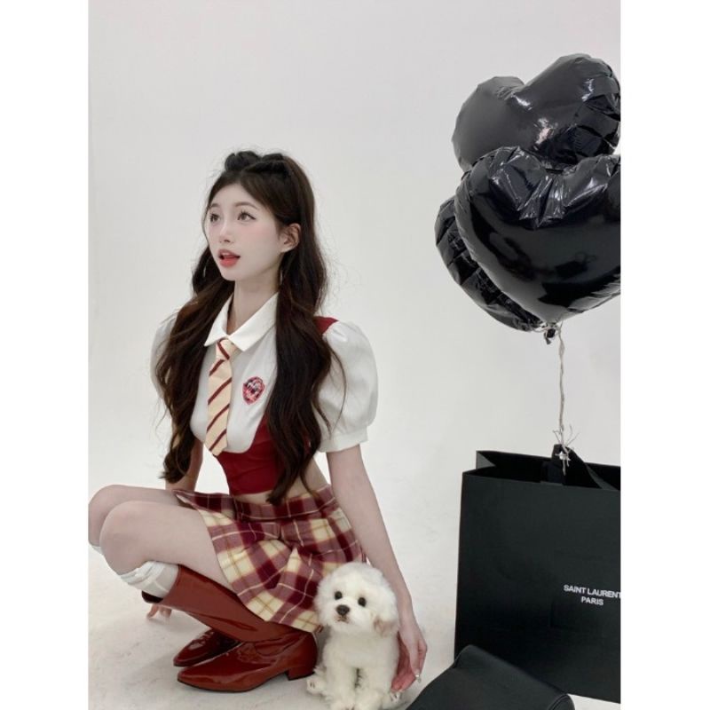 Bộ Đồng Phục Áo Sơ Mi Giả Hai Mảnh + Chân Váy Ngắn Phong Cách Preppy Độc Đáo Thời Trang Mùa Hè 2022