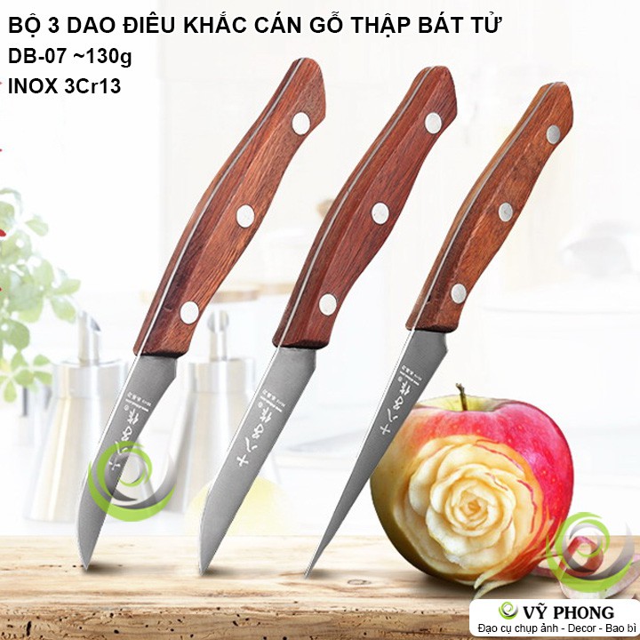 BỘ 3 DAO ĐIÊU KHẮC ĐẦU BẾP THẬP BÁT TỬ INOX CÁN GỖ NGHỆ THUẬT KHẮC HOA QUẢ TRÁI CÂY TRANG TRÍ DB-07