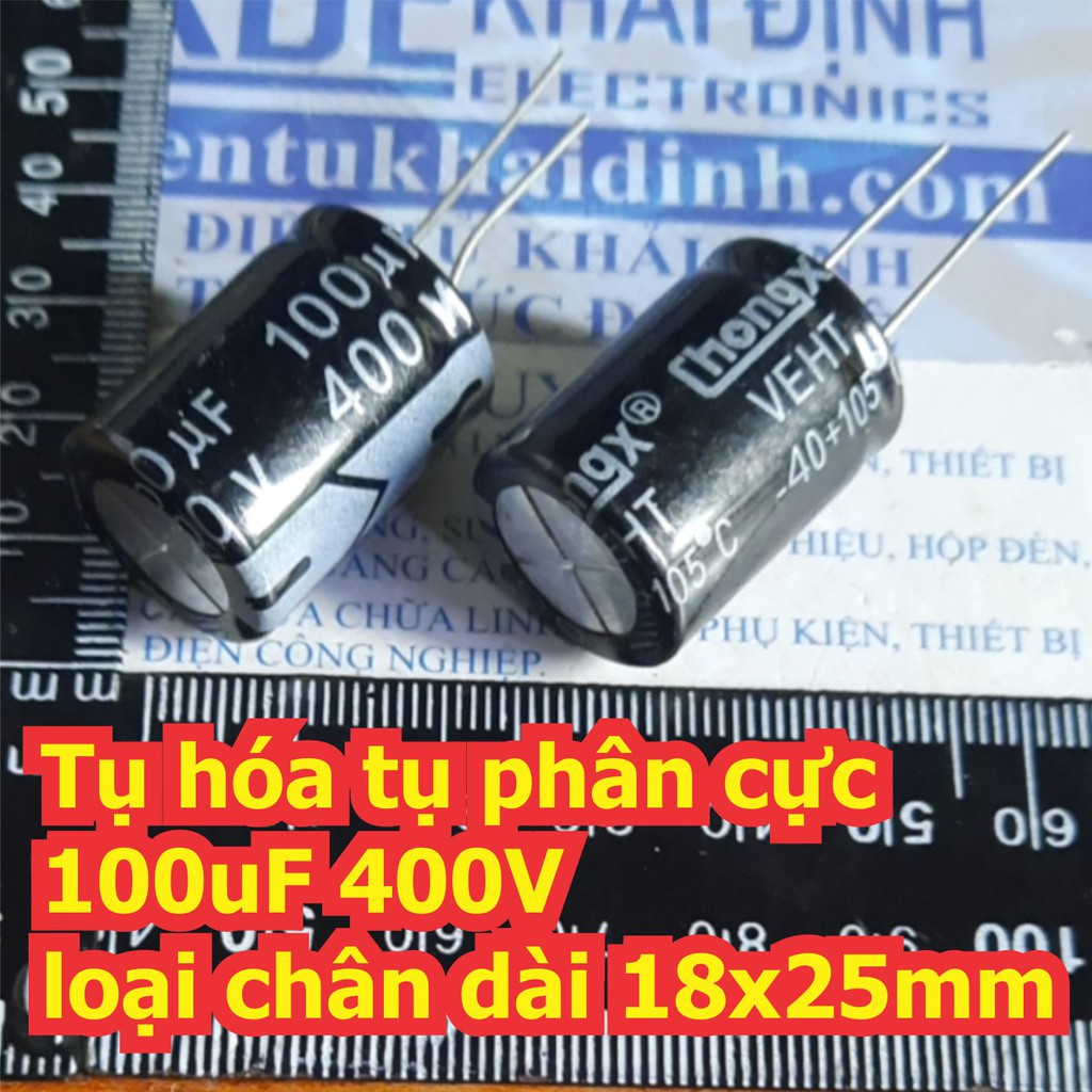 2 cái Tụ hóa tụ phân cực 100uF 400V loại chân dài 18x25mm kde7235