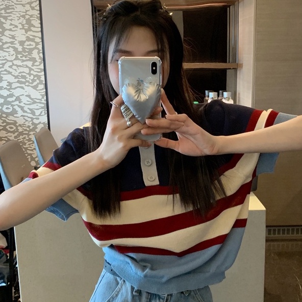 Áo thun ZHELIHANGFEI dệt kim cổ polo tay ngắn họa tiết kẻ sọc thời trang