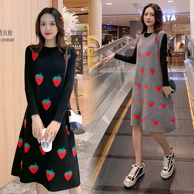 Set len áo+ váy quả dâu siêu xinh cho bà bầu(hàng quảng châu)sẵn set đen