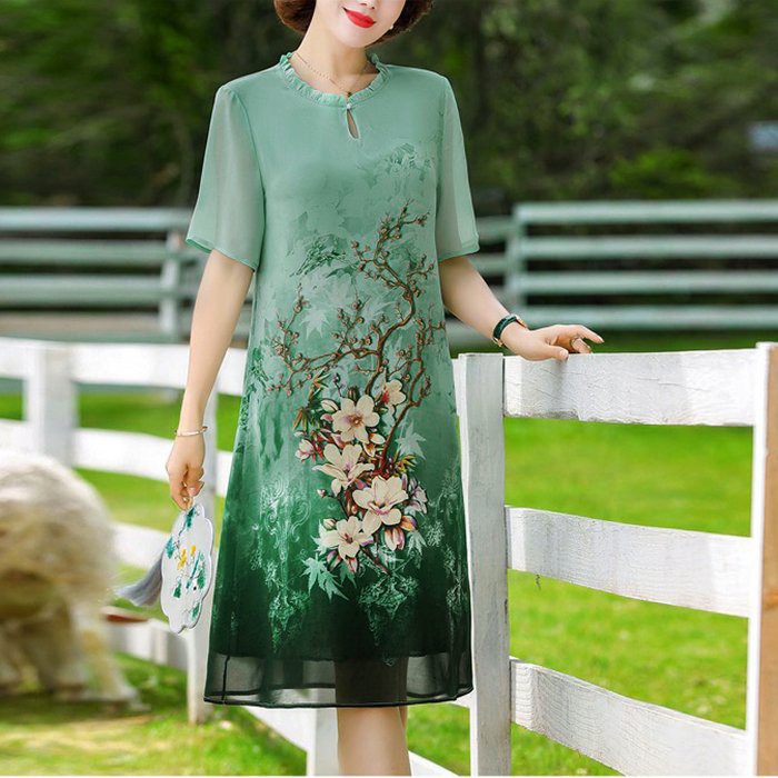 GOTI - Đầm Trung Niên Nữ Dáng Suông Rộng Cổ Tim Tay Ngắn Vải Voan 2 Lớp Big Size Cho Mẹ 3318 3313 3316