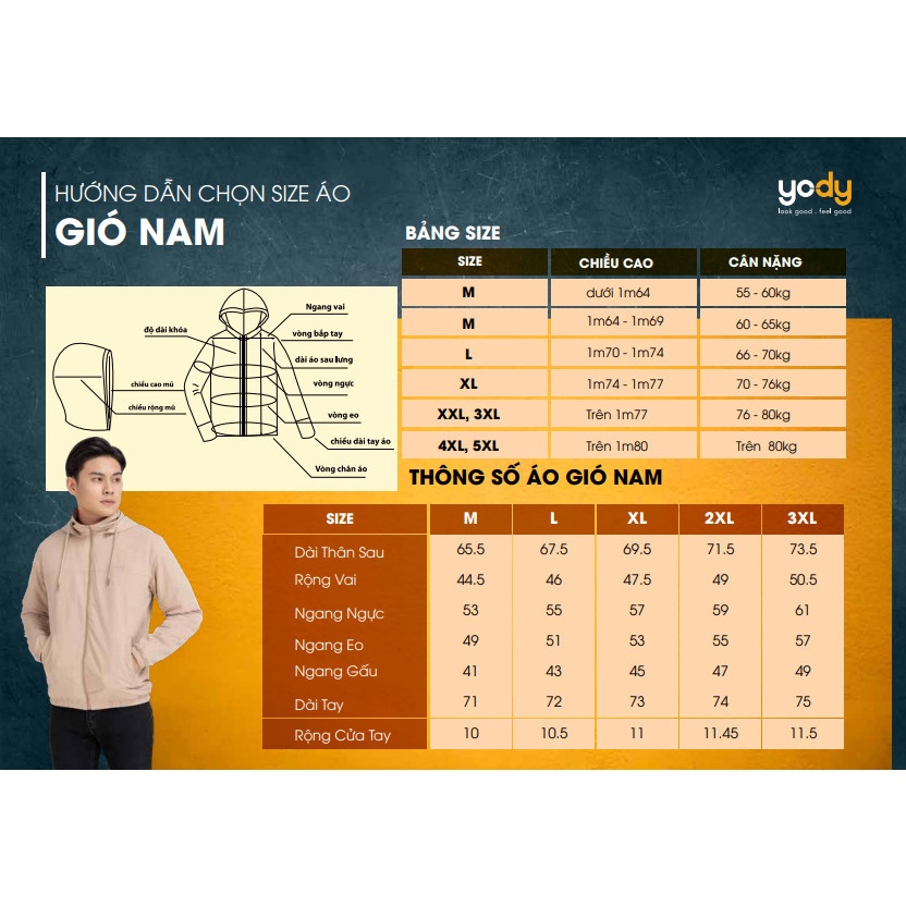 Áo gió YODY nam súp sườn thể thao 2 lớp năng động có mũ AKM4029