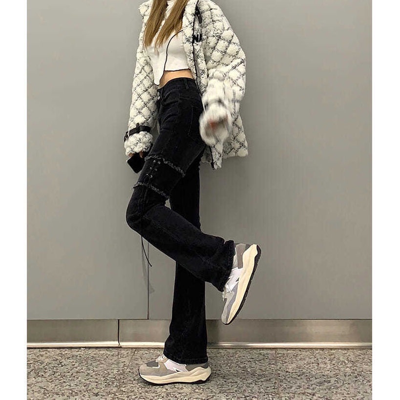 Jiashucheng Quần Jean Lưng Cao Dáng Ôm Cột Dây Thời Trang Đường Phố Mới Cho Nữ