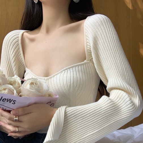 [AdorablexBeautiful] Áo Len Dệt Tay Dài Cổ Vuông Freesize Nữ Tính Dễ Thương Form Croptop 3 Màu Phong Cách Hàn Quốc