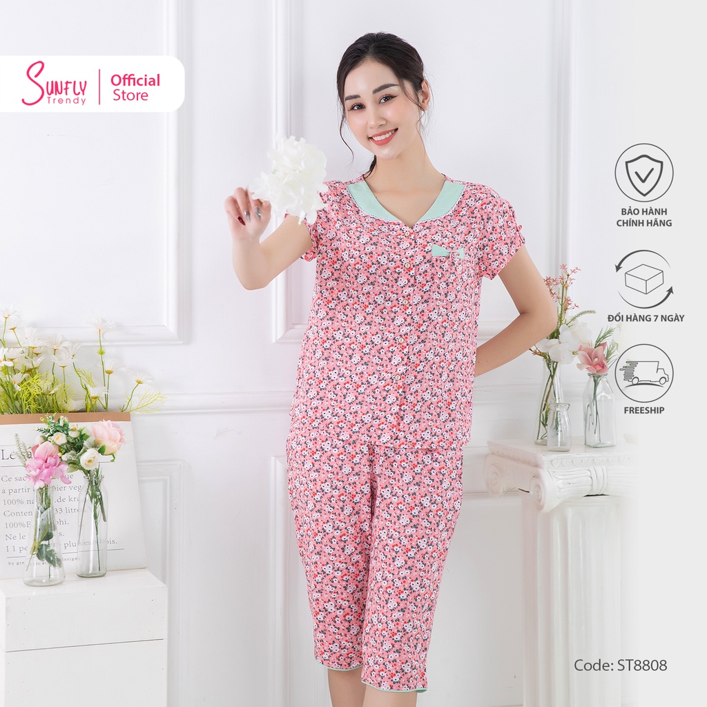 Bộ đồ mặc nhà nữ pijamas lanh SUNFLY áo cộc quần ngố ST8808