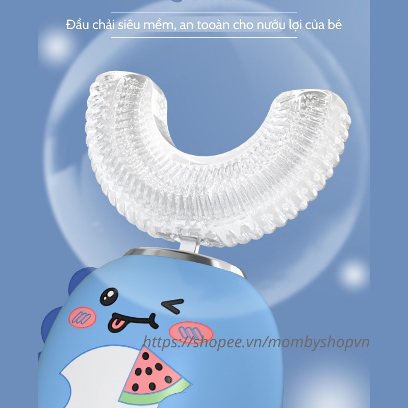 Bàn chải điện cho bé DINO, bàn chải đánh răng điện chữ U silicon cao cấp siêu mềm, phù hợp cho trẻ từ 2 tuổi