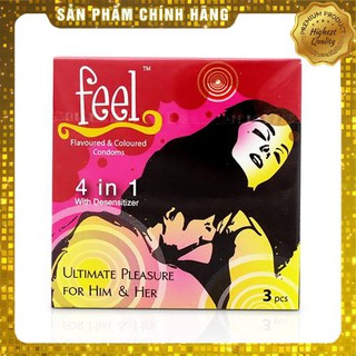 Bao cao su (Hộp 3 cái) Feel 4in1 - Hàng Chính Hãng - Gân gai, hương dâu, Giúp kéo dài thời gian quan hệ