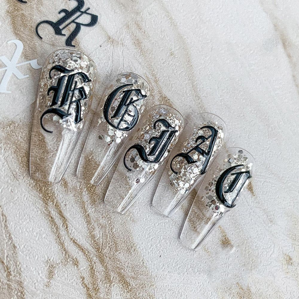 Miếng Dán Móng Tay 5D Siêu Mỏng In Chữ Cái Phong Cách Gothic Cổ Điển