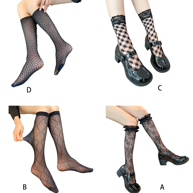 XIXI Vớ lưới dài tới gối co giãn phối ren hóa trang cô hầu gái Lolita dễ thương cho nữ