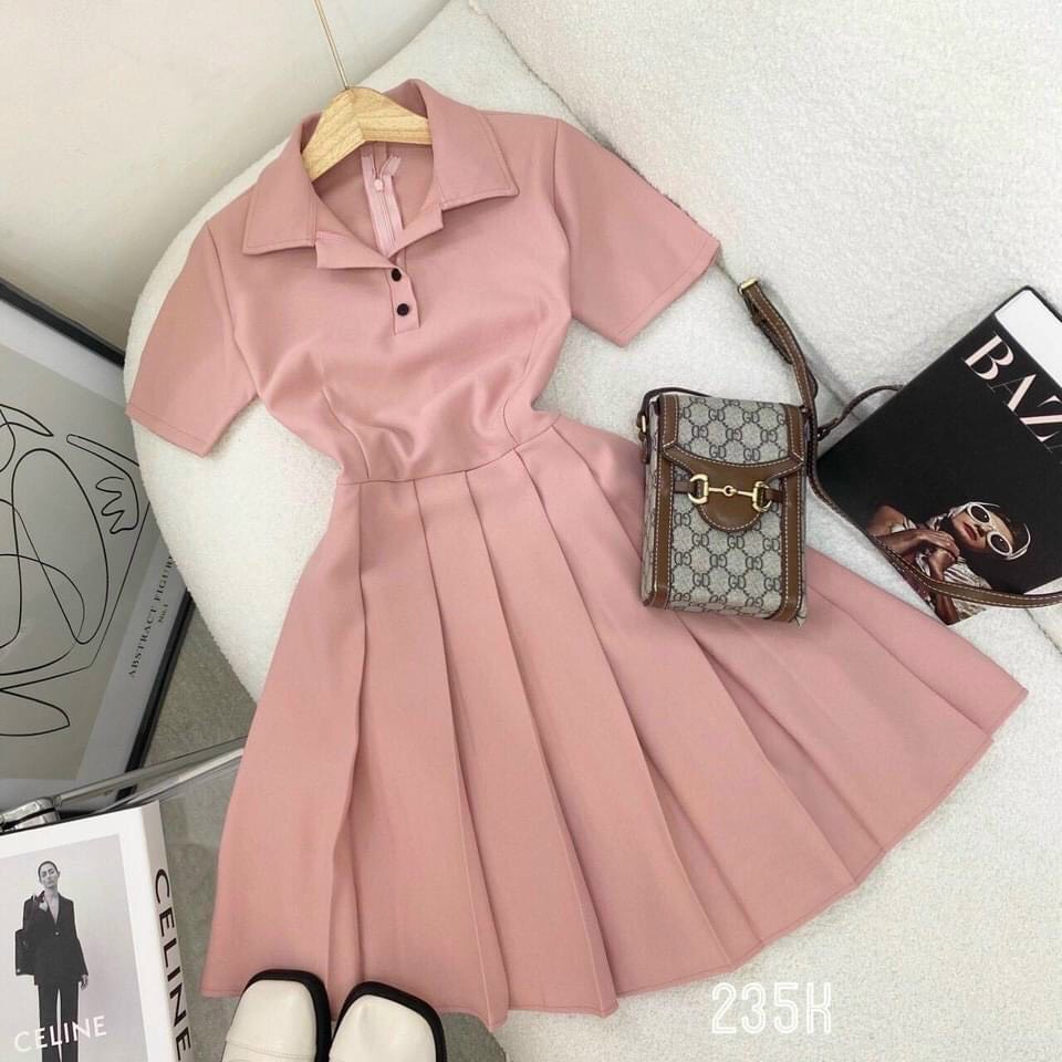 Váy đầm nữ cổ sơ mi màu hường siêu xinh