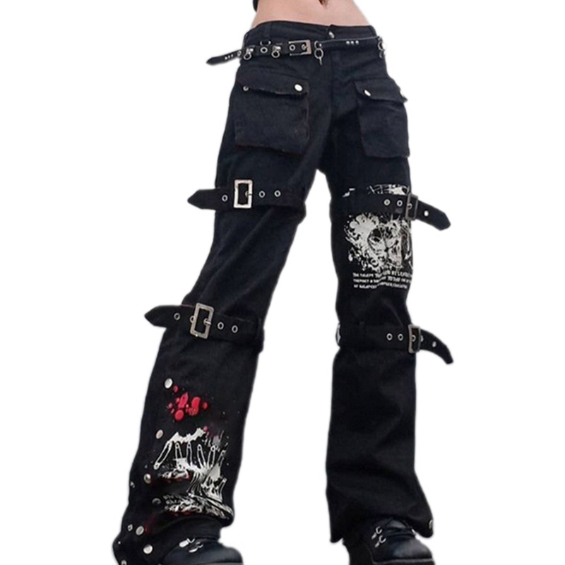 Quần jean baggy ống rộng lưng cao phối túi kèm thắt lưng phong cách Harajuku cho nữ