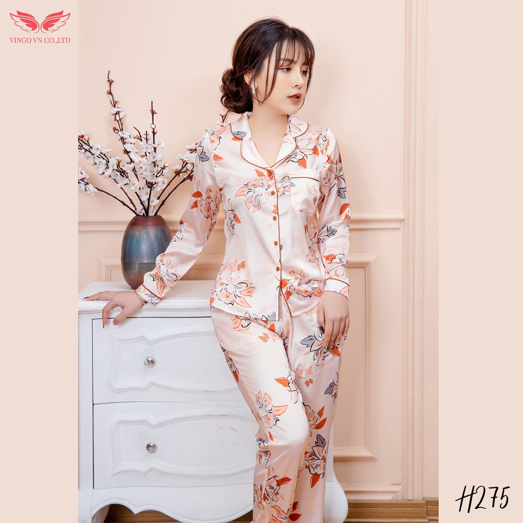 Bộ Đồ Nữ Pyjama Mặc Nhà VINGO Lụa Pháp Cao Cấp Áo Tay Dài Quần Dài Họa Tiết Hoa Lá Trẻ Trung Thu Đông H275 VNGO - TDQD | BigBuy360 - bigbuy360.vn