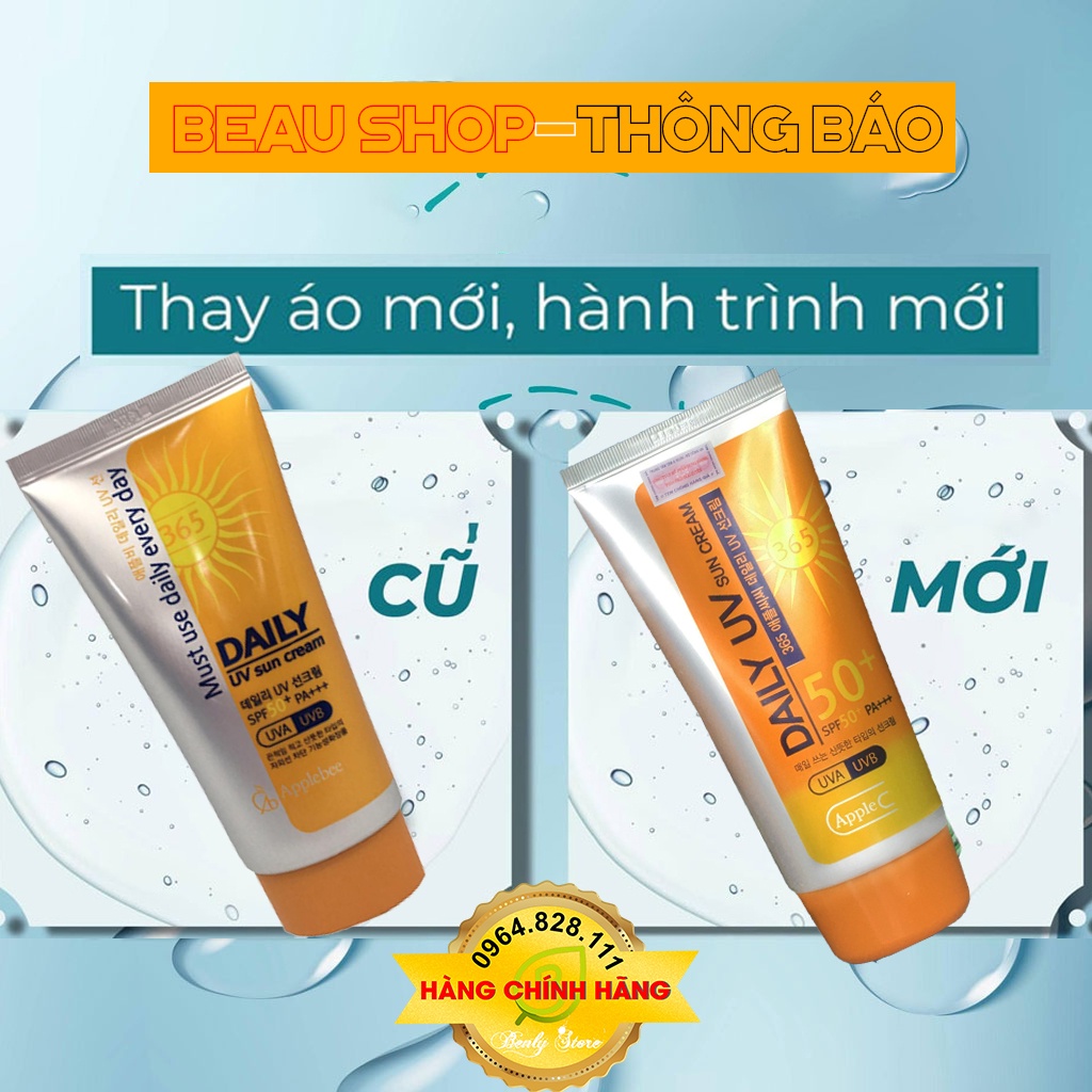 Kem Chống Nắng DAILY UV Sun Cream SPF50+PA+++ Kcn vật lý kiềm dầu dành cho da dầu, da nhạy cảm, nâng Tone, không bết