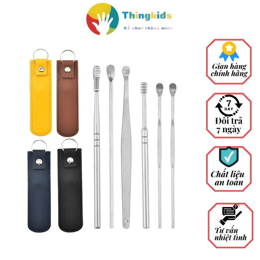 Dụng cụ lấy ráy tai, ngoáy tai 6 chi tiết tặng kèm túi da làm móc chìa khóa tiện lợi - Thingkids