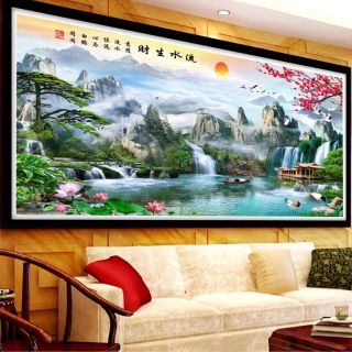 Tranh thêu chỉ LỤA chữ thập phong cảnh sơn thủy hữu tình kt 195.90xm