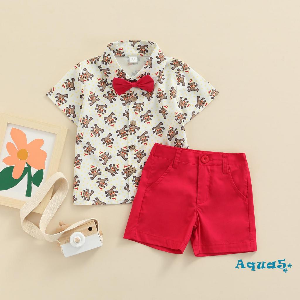 Bộ áo sơ mi tay ngắn in hình gấu hoạt hình + quần short màu đỏ phong cách giáng sinh cho bé trai