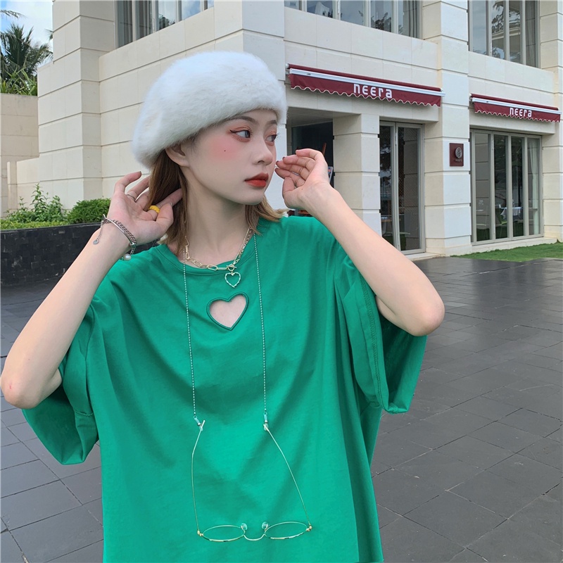 Áo Thun Nữ Ngắn Tay Cổ Tròn Khoét Lỗ Phong Cách Hàn Quốc