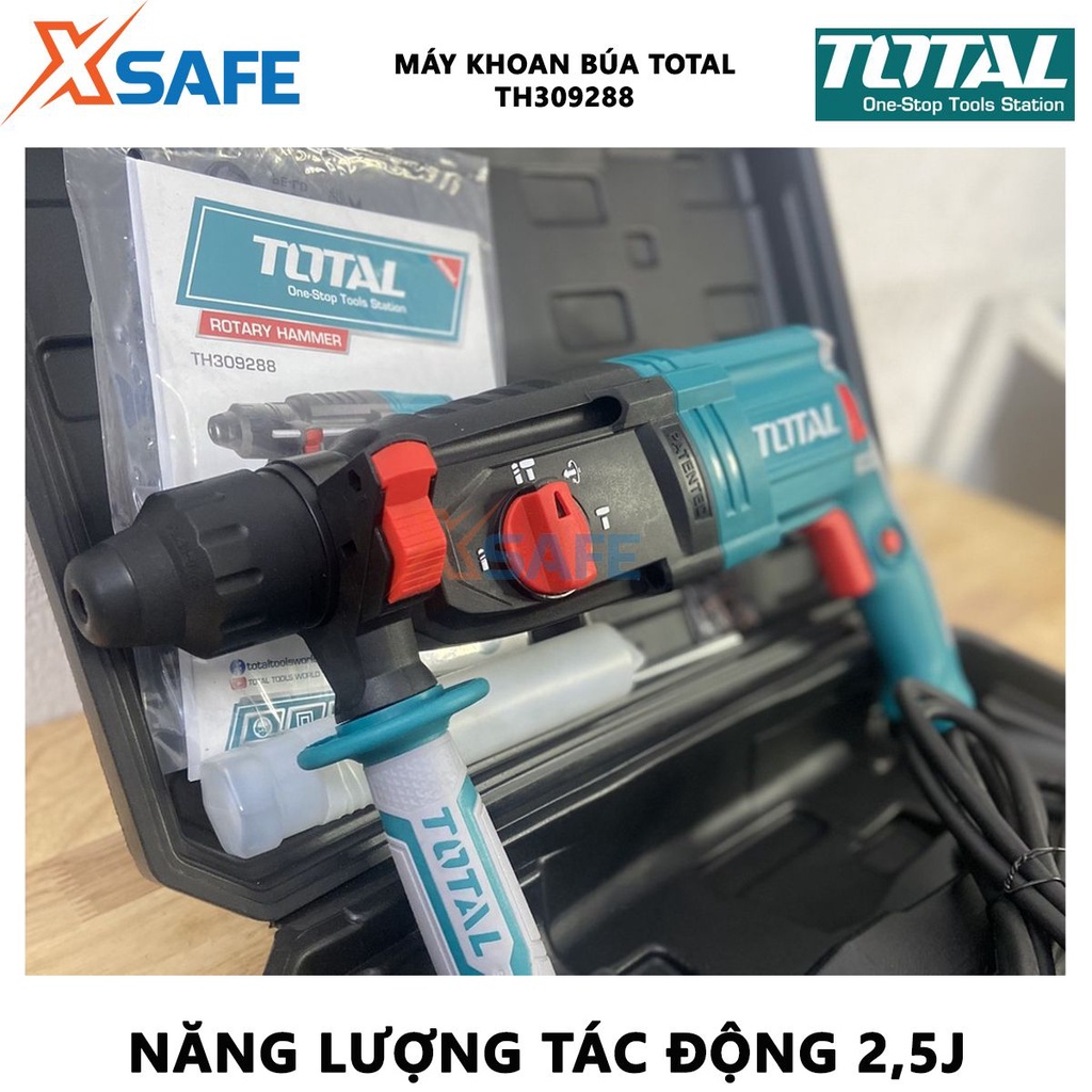 Máy khoan búa cầm tay 3 chức năng 950w TOTAL TH309288 đầu gài sds plus, tốc độ 1050rpm tốc độ búa 4670bpm, kèm mũi khoan