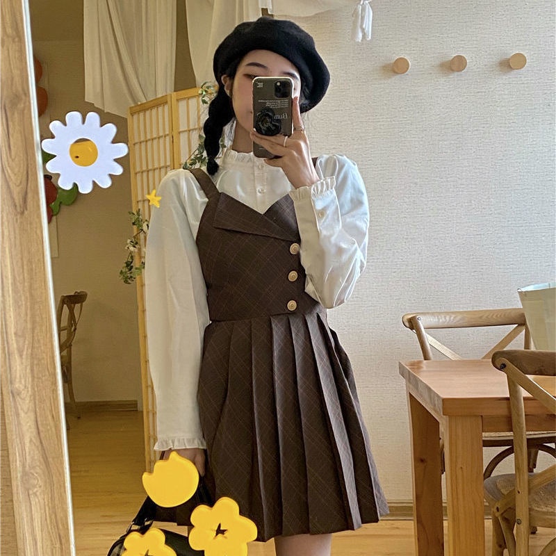 Bộ Áo Sơ Mi + Đầm Hai Dây Xếp Ly Kẻ Sọc Kiểu Pháp Thời Trang Xuân Thu Mới Cho Nữ 2021