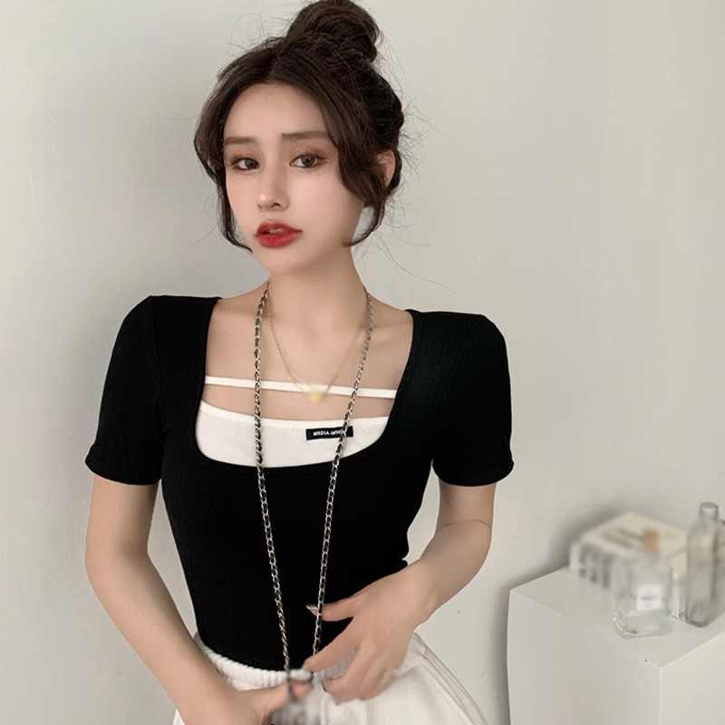 Áo dệt kim tay ngắn cổ vuông ôm dáng phong cách quyến rũ thời trang cho nữ