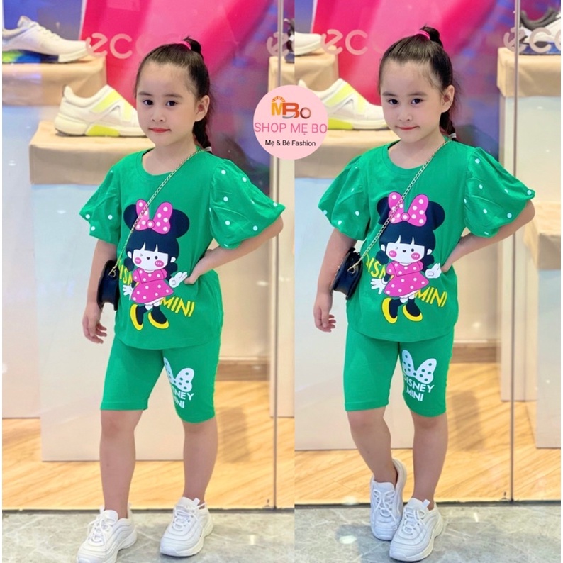 Quần áo trẻ em - Bộ lửng thun cotton size đại cho bé gái in hoạt hình mèo mickey từ 25 đến 45kg