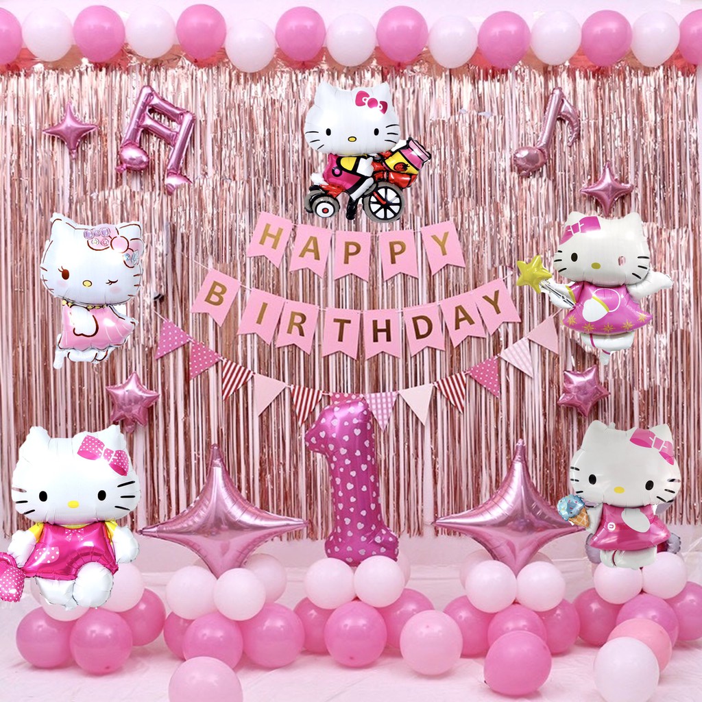 (Tặng bơm tay và phụ kiện) Set trang trí sinh nhật, thôi nôi cho bé gái chủ đề Hello Kitty màu hồng dễ thương