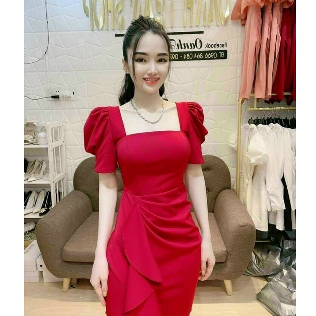 Váy đầm nữ body dự tiệc cổ vuông tay phồng