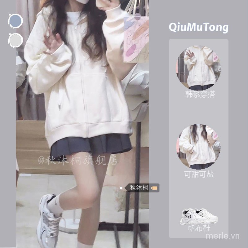 Set áo hoodie dáng rộng + chân váy xếp ly thời trang mùa thu phong cách Hàn Quốc mới 2022