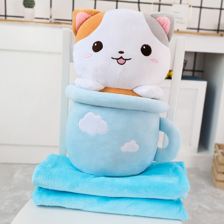 Gối Mền Mèo Teacup Kỳ Lân Siêu Mịn Có Kèm Chăn Gấp Gọn 1*1,7m PA9248