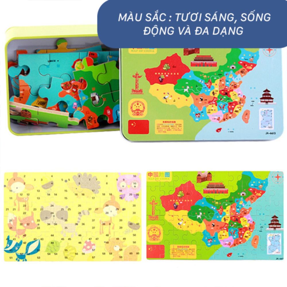 Bộ đồ chơi ghép hình cho bé 60 mảnh hộp sắt – Đồ chơi xếp hình gỗ cho bé giúp phát triển tư duy (tranh ghép gỗ cho bé)