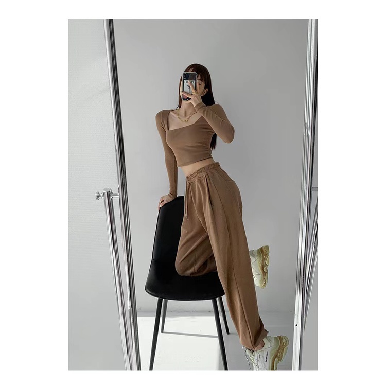 SUXI Quần dài nữ ống suông cạp thun màu trơn thời trang phong cách Hàn Quốc