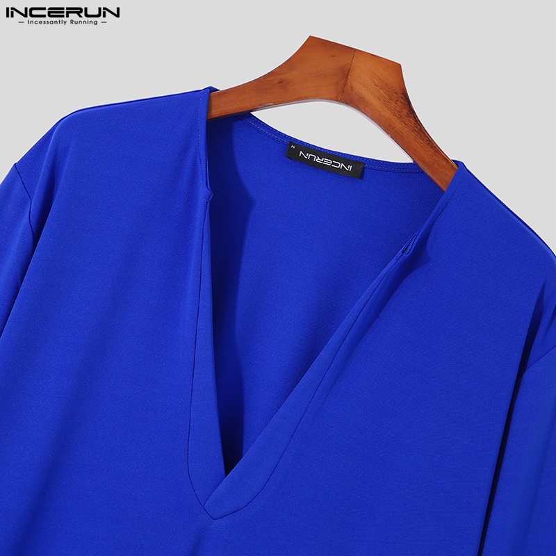 Áo choàng kaftan Incerun dài tay cổ chữ V màu trơn sành điệu cho nam phong cách Hồi giáo