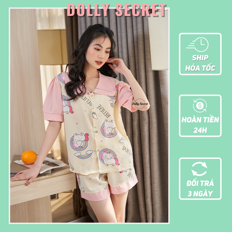 Bộ mặc nhà Pijama lụa DOLLY SECRET cộc tay bồng họa tiết unicorn cổ 2 lá điệu đà dễ thương CC08