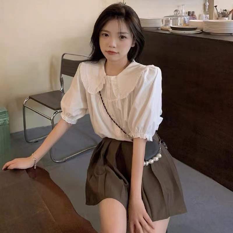 Áo Sơ Mi Trắng Tay Ngắn Phồng Cổ Búp Bê Phong Cách Phương Tây Thời Trang Mùa Hè Cho Nữ
