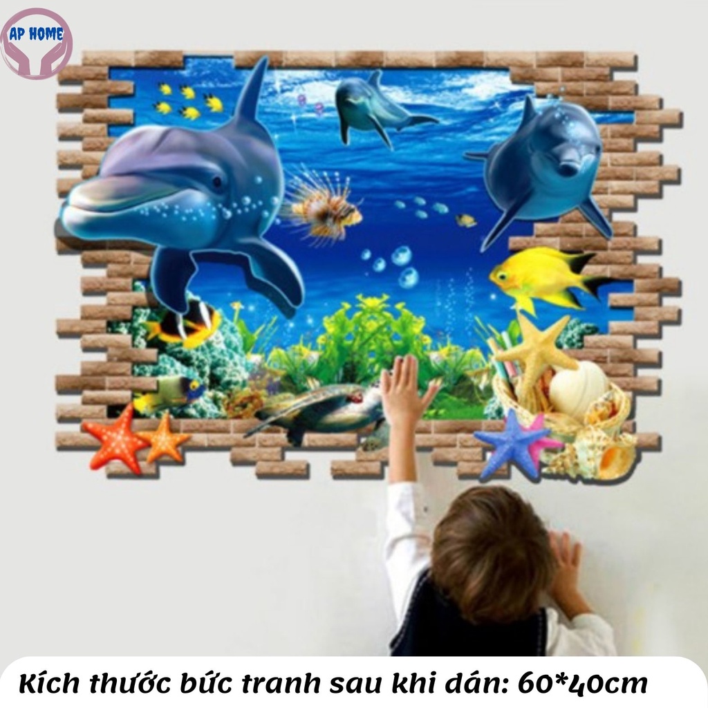Tranh dán tường 3d trang trí nhà cửa văn phòng decal hình công, bóng đá, giá sách