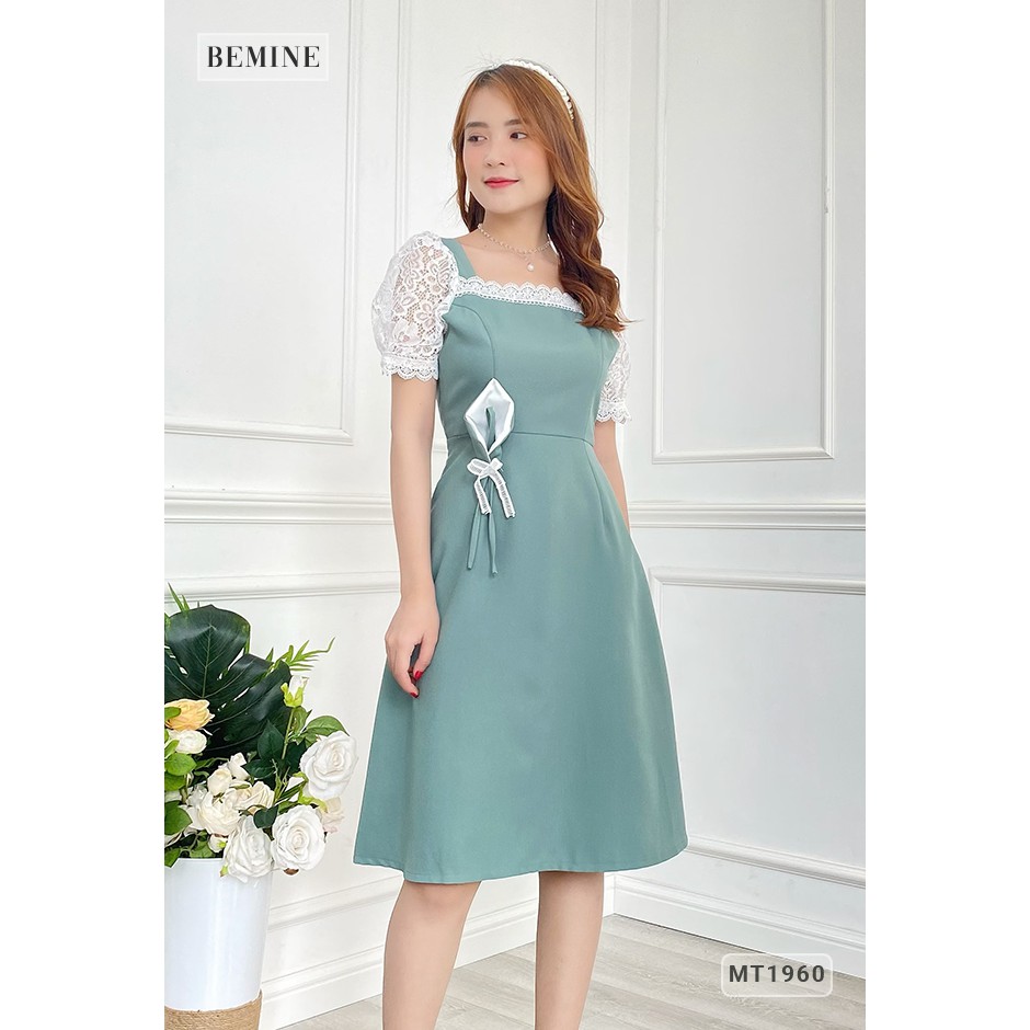 Đầm nữ cổ vuông tay phối ren hoa eo BEMINE MT1960XANH | BigBuy360 - bigbuy360.vn