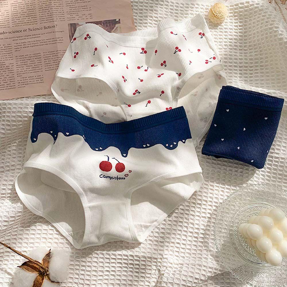 OCEANMAP Quần Lót Thoáng Khí Lưng Vừa In Họa Tiết Trái Tim Hoạt Hình Phong Cách Retro Cho Nữ