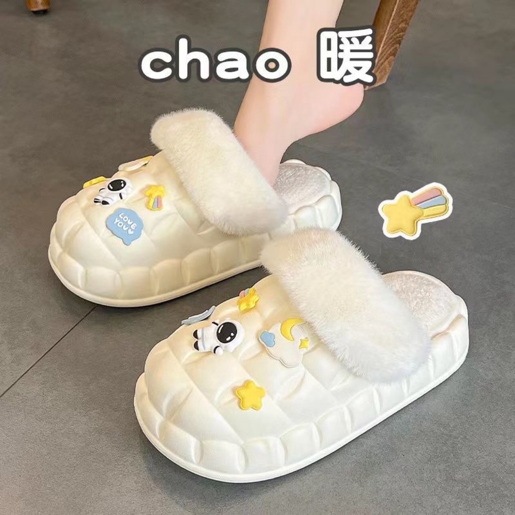 Dép Bông cotton Đi Trong Nhà Đế Dày Chống Nước Giữ Ấm Mùa Thu Đông Có Thể Tháo Rời Cho Nữ Phi Hành Gia