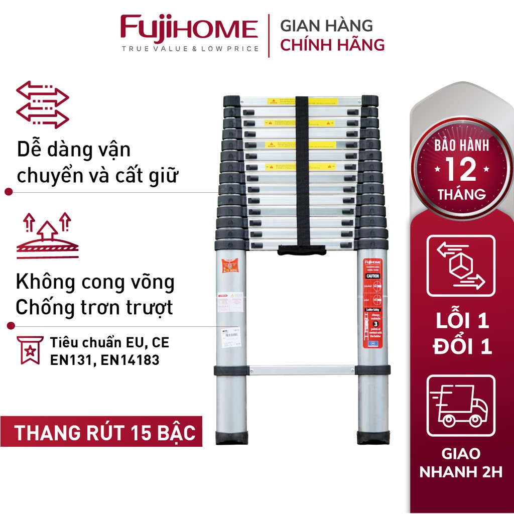 Thang nhôm rút đơn Nhập Khẩu 3,8M - 5M gấp gọn chính hãng FUJIHOME, thang rút xếp gọn gia đình đa năng Nhật Bản