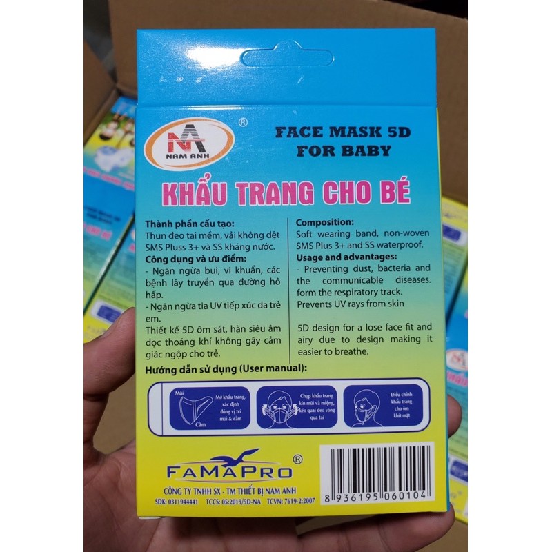 ✅ Hộp 10 cái khẩu trang cho bé 5D mask Famapro Nam Anh hình gấu trúc